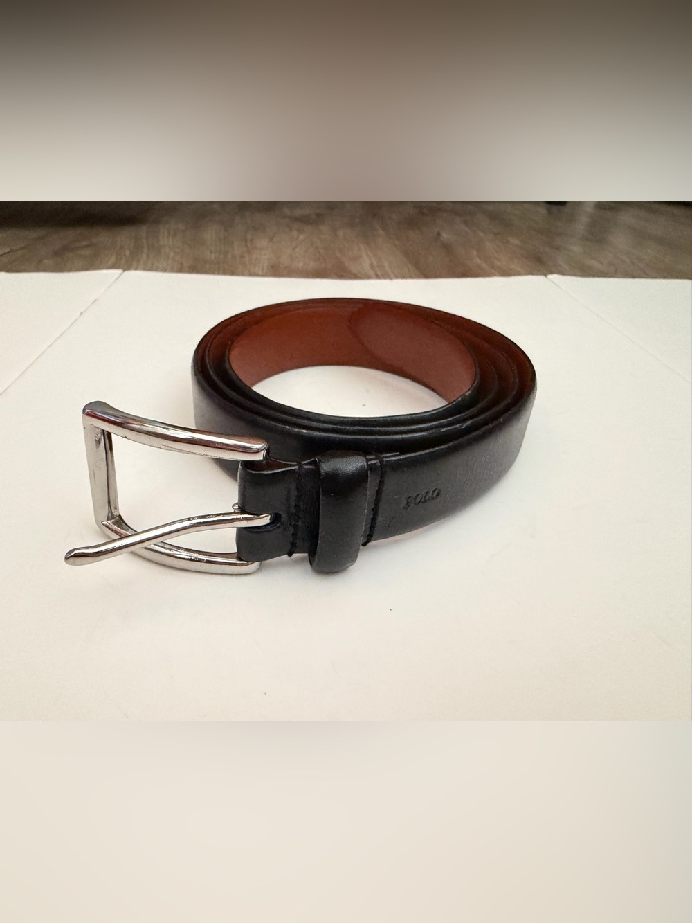 Polo Ralph Lauren Black Genuine Leather Belt Mens Size 44 Silver Buckle